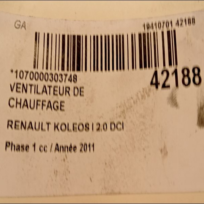 Ventilateur de chauffage occasion RENAULT KOLEOS I Phase 1 06-2008->12-2011 2.0 DCI 16v 150ch 27226JY10A 3