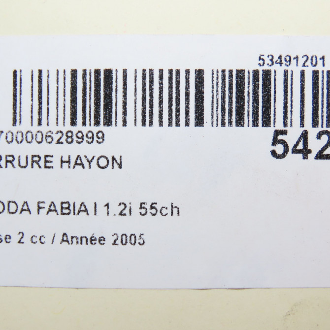 Serrure hayon occasion SKODA FABIA I Phase 2 09-2004->05-2007 1.2i 55ch 6Y0827501H209 5