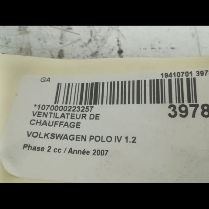 Ventilateur de chauffage occasion VOLKSWAGEN POLO IV Phase 2 05-2005->09-2009 1.2 65ch 6Q1820015H 3