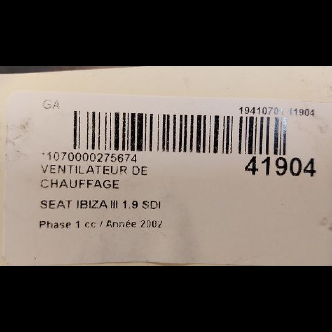 Ventilateur de chauffage occasion SEAT IBIZA III Phase 1 03-2002->03-2006 1.9 SDI 6R1819015A 3