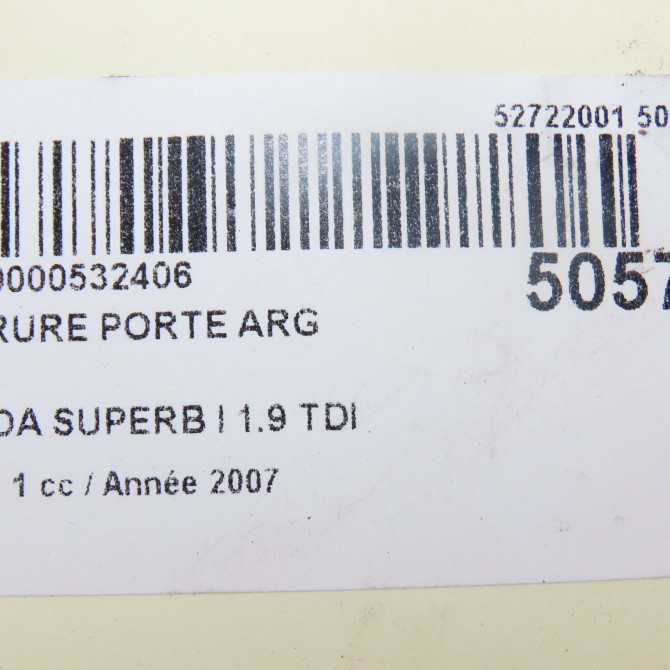 Serrure porte arg occasion SKODA SUPERB I Phase 1 06-2002->06-2008 1.9 TDI 130ch 3B4839015AL 7
