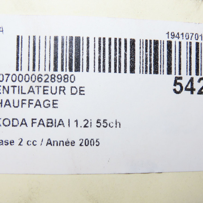 Ventilateur de chauffage occasion SKODA FABIA I Phase 2 09-2004->05-2007 1.2i 55ch 6Q1820015H 6