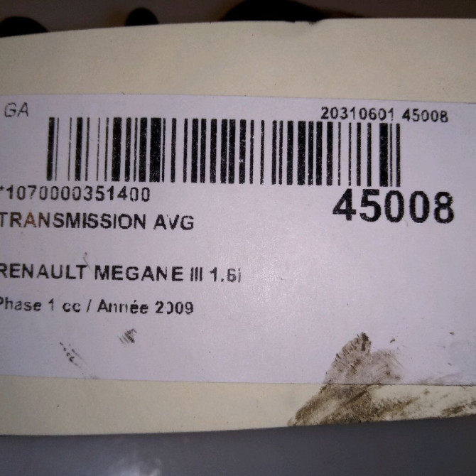 Transmission avant gauche occasion RENAULT MEGANE III Phase 1 11-2008->01-2012 1.6i 16v 110ch 391013387R 3