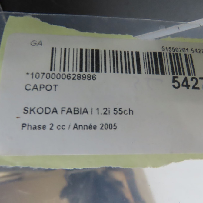 Capot occasion SKODA FABIA I Phase 2 09-2004->05-2007 1.2i 55ch 6Y0823031 6