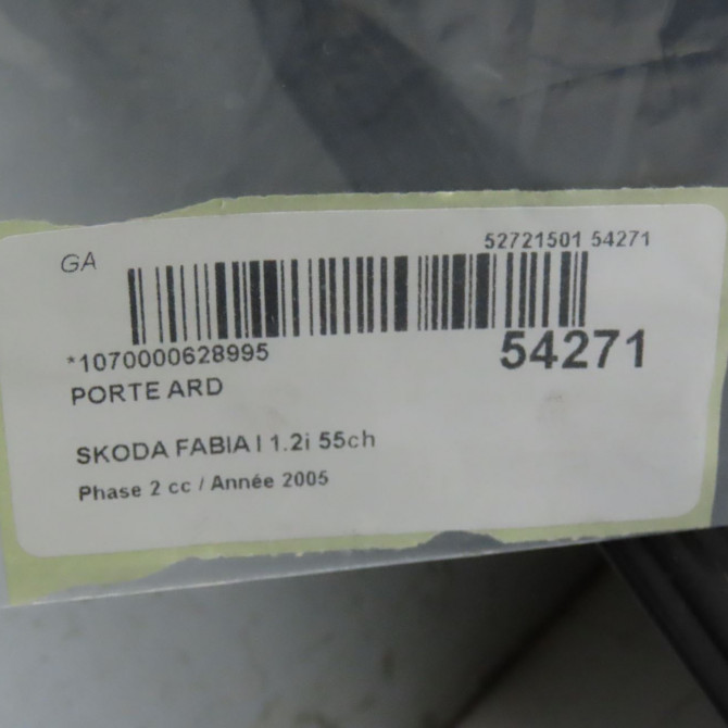 Porte arrière droite occasion SKODA FABIA I Phase 2 09-2004->05-2007 1.2i 55ch 6Y6833056 6
