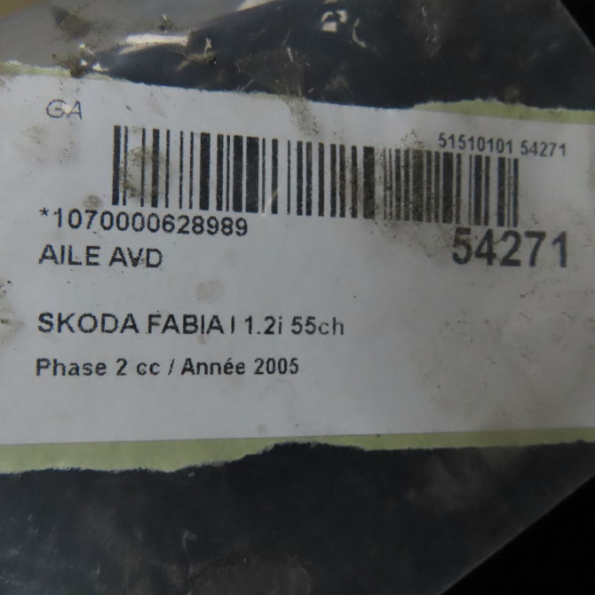 Aile avant droite occasion SKODA FABIA I Phase 2 09-2004->05-2007 1.2i 55ch 6Y0821102A 7