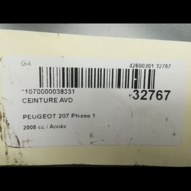 Ceinture avant droite occasion PEUGEOT 207 Phase 1 04-2006->06-2013 8975CA 5