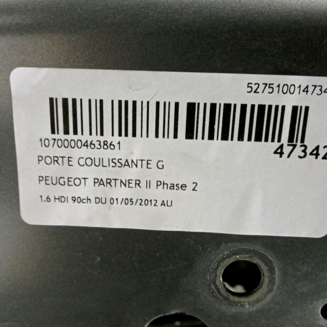 Porte coulissante g occasion PEUGEOT PARTNER II Phase 2 05-2012->... 1.6 HDI 90ch 9831169780 4
