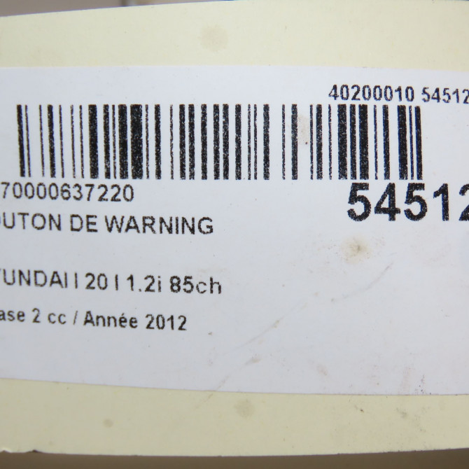 Bouton de warning occasion HYUNDAI I 20 I phase 2 06-2012->03-2015 1.2i 85ch 933001J2004X 6