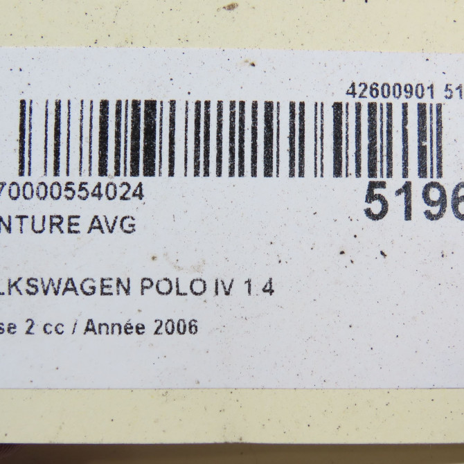 Ceinture avant gauche occasion VOLKSWAGEN POLO IV Phase 2 05-2005->09-2009 1.4 TDI 70ch 6Q4857705JRAA 7