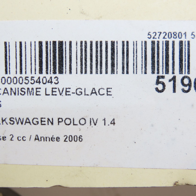 Mecanisme leve-glace arrière gauche occasion VOLKSWAGEN POLO IV Phase 2 05-2005->09-2009 1.4 TDI 70ch 6Q4839461D 5