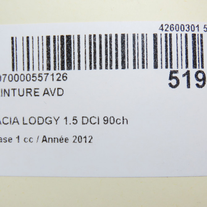 Ceinture avant droite occasion DACIA LODGY Phase 1 01-2012->... 1.5 DCI 90ch 868852918R 6