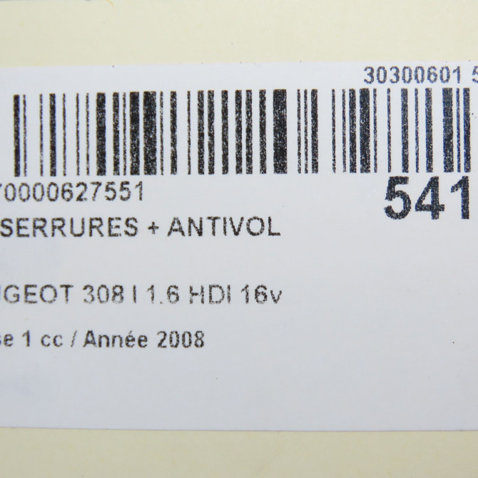 Kit serrures + antivol occasion PEUGEOT 308 I Phase 1 09-2007->03-2011 1.6 HDI 16v 110ch 4162KZ 5