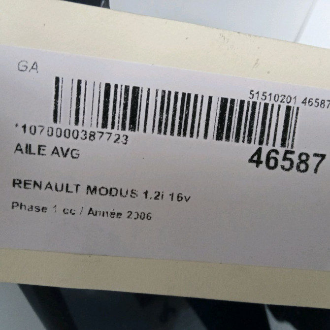 Aile avant gauche occasion RENAULT MODUS Phase 1 09-2004->12-2007 1.2i 16v 75ch 631019020R 3