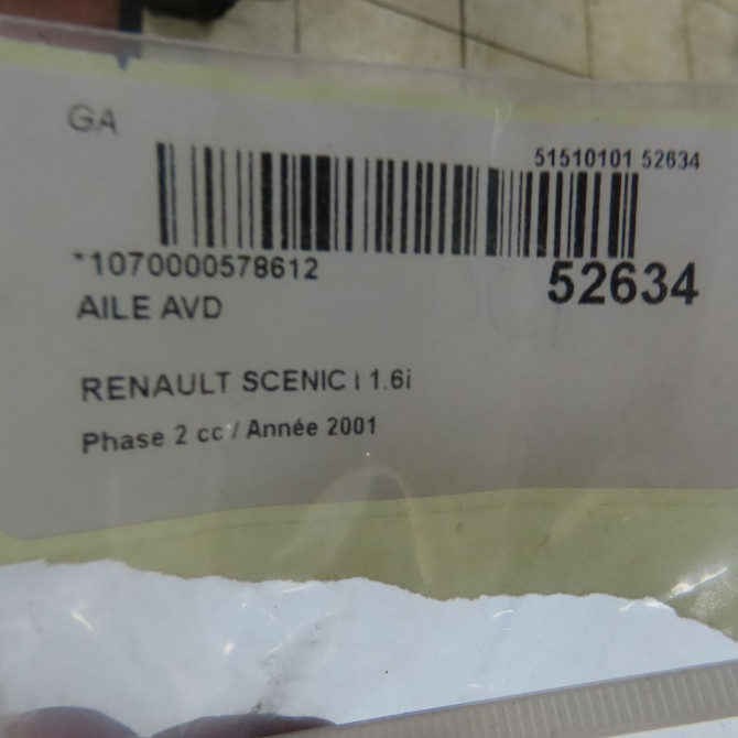 Aile avant droite occasion RENAULT SCENIC I Phase 2 08-1999->06-2003 1.6i 107ch 7751474882 7