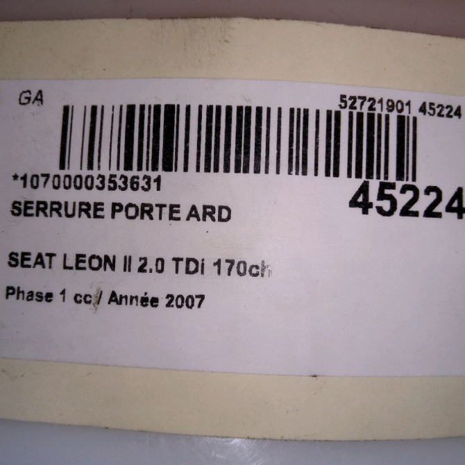 Serrure porte ard occasion SEAT LEON II Phase 1 09-2005->05-2009 2.0 TDi 170ch 1P0839016 6