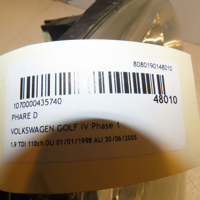 Phare droit occasion VOLKSWAGEN GOLF IV GOLF IV Phase 1 1998-01-01->2005-06-30 1.9 TDI 110ch 1J1941018N 4