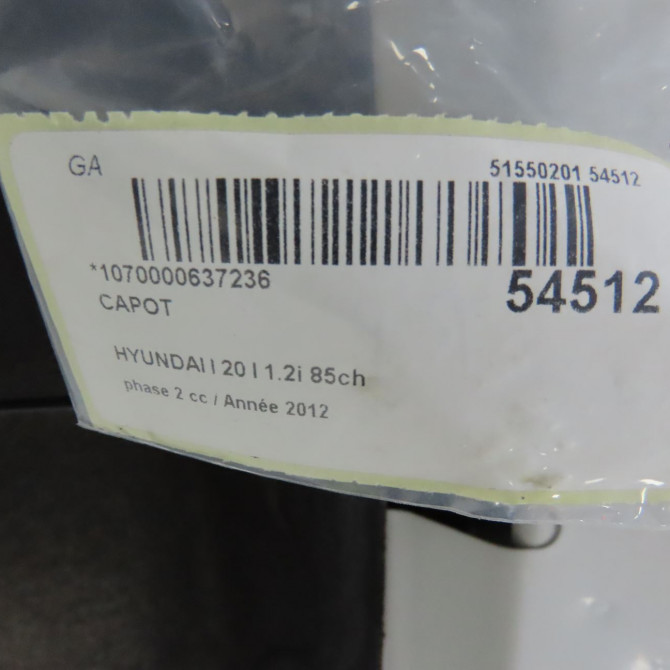 Capot occasion HYUNDAI I 20 I phase 2 06-2012->03-2015 1.2i 85ch 664001J500 7