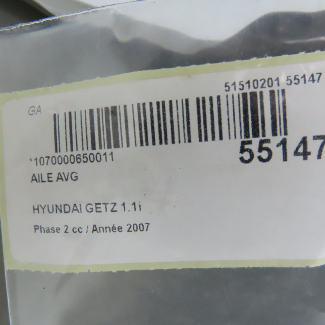 Aile avant gauche occasion HYUNDAI GETZ Phase 2 11-2005->10-2010 1.1i 663110B750 4
