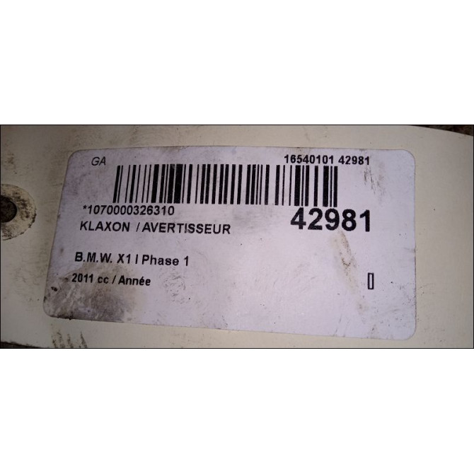 Klaxon  / avertisseur occasion B.M.W. X1 I Phase 1 07-2009->05-2012 61337159420 2