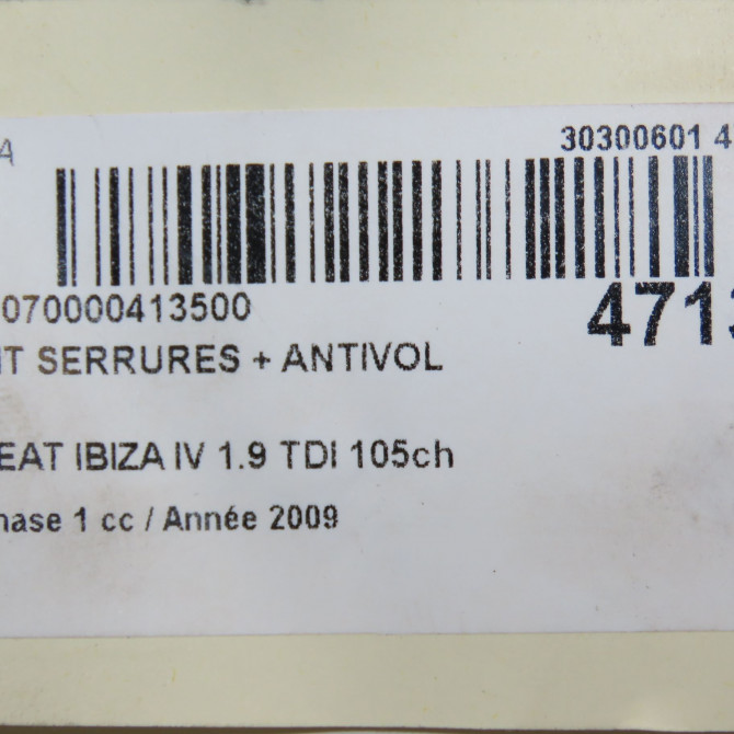 Kit serrures + antivol occasion SEAT IBIZA IV Phase 1 05-2008->01-2012 1.9 TDI 105ch 6