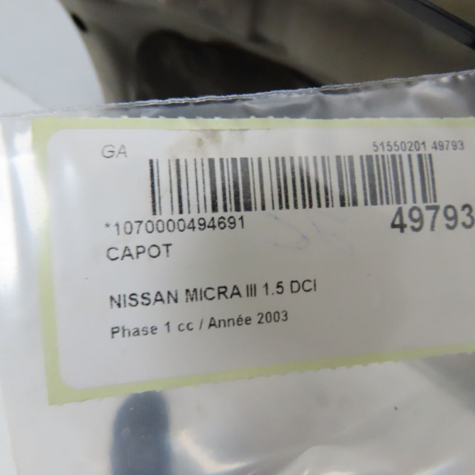 Capot occasion NISSAN MICRA III Phase 1 01-2003->07-2005 1.5 DCI 82ch F5100AX6MA 6