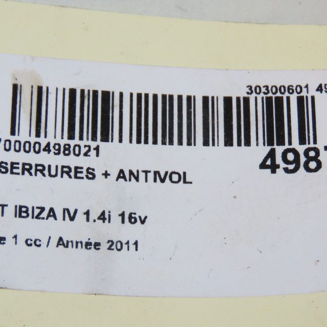 Kit serrures + antivol occasion SEAT IBIZA IV Phase 1 05-2008->01-2012 1.4i 16v 5