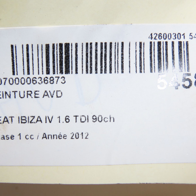 Ceinture avant droite occasion SEAT IBIZA IV Phase 1 05-2008->01-2012 1.6 TDI 90ch 6J3857706RAA 6