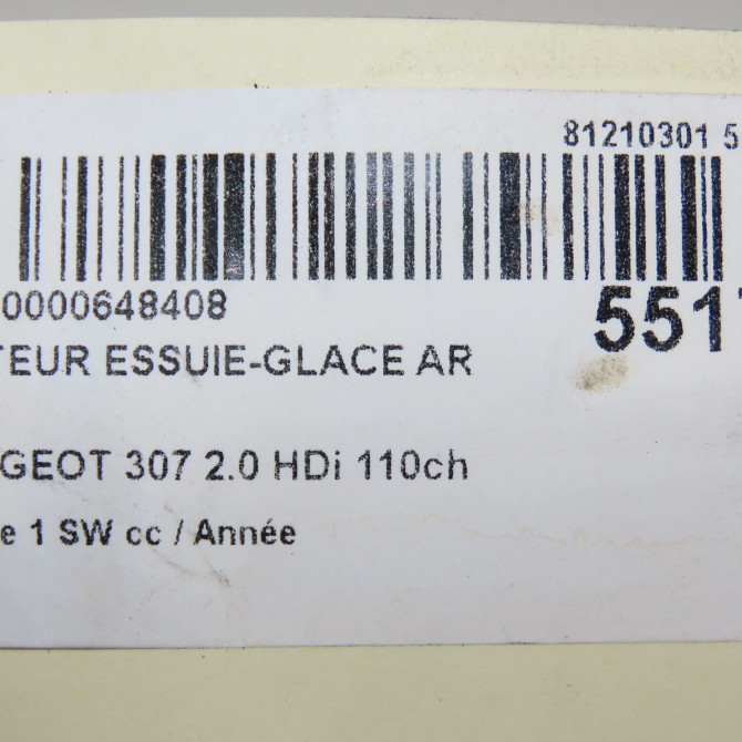 Moteur essuie-glace arrière occasion PEUGEOT 307 Phase 1 SW 03-2002->07-2004 2.0 HDi 110ch 6405L9 6