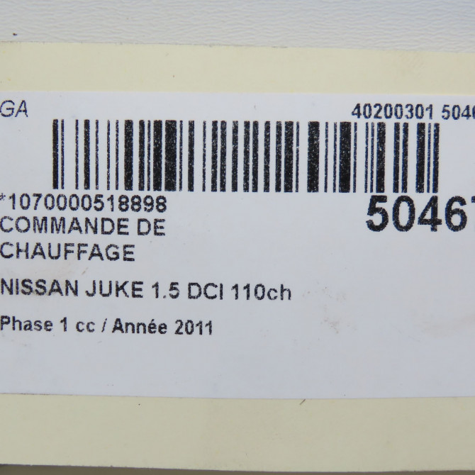 Commande de chauffage occasion NISSAN JUKE Phase 1 09-2010->... 1.5 DCI 110ch 6