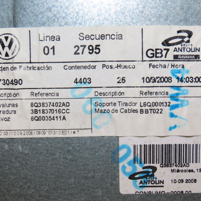 Mecanisme + moteur lève-glace avant droit occasion VOLKSWAGEN POLO IV Phase 2 05-2005->09-2009 1.2 60ch 6Q3837462J 6