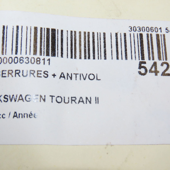 Kit serrures + antivol occasion VOLKSWAGEN TOURAN II Phase 1 09-2010->12-2015 6