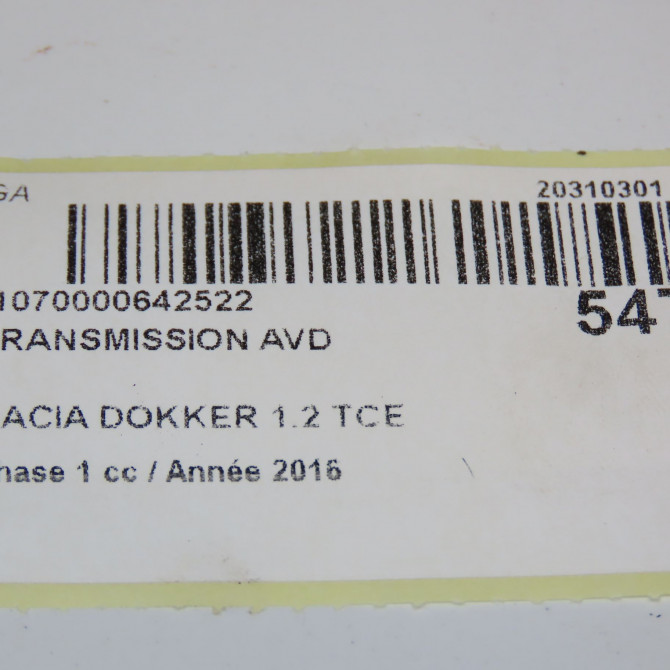 Transmission avant droite occasion DACIA DOKKER Phase 1 09-2012->... 1.2 TCE 115ch 391002167R 6