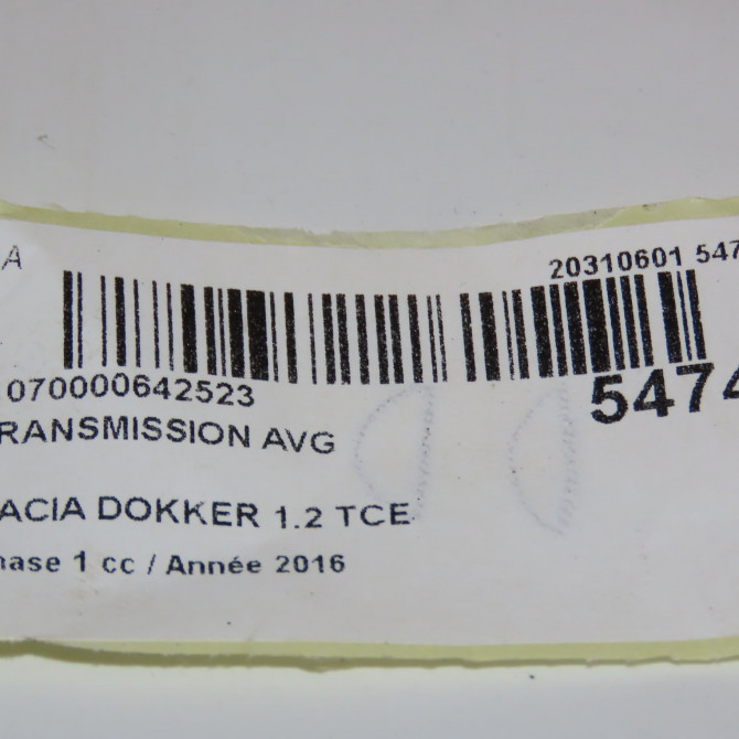 Transmission avant gauche occasion DACIA DOKKER Phase 1 09-2012->... 1.2 TCE 115ch 391019906R 5