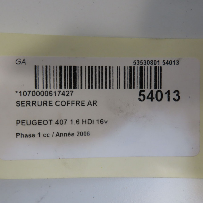 Serrure coffre arrière occasion PEUGEOT 407 Phase 1 04-2004->07-2008 1.6 HDI 16v 6
