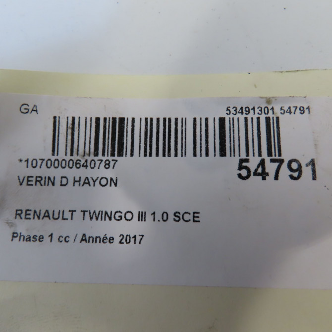 Verin droit hayon occasion RENAULT TWINGO III Phase 1 06-2014->... 1.0 SCE 12v 70ch 3