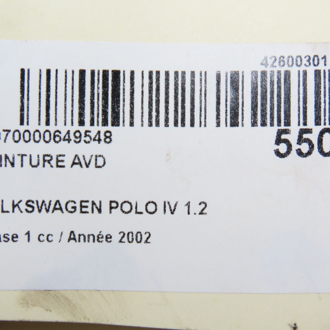 Ceinture avant droite occasion VOLKSWAGEN POLO IV Phase 1 01-2002->05-2005 1.2 65ch 6Q3857706JRAA 7
