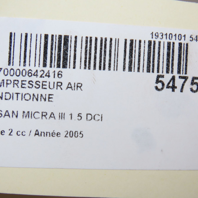 Compresseur air conditionne occasion NISSAN MICRA III Phase 2 11-2005->11-2007 1.5 DCI 86ch 2763000Q3DEX 8
