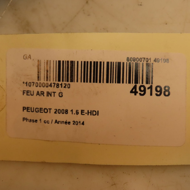 Feu arrière interieur gauche occasion PEUGEOT 2008 Phase 1 01-2013->... 1.6 E-HDI 92ch 9678074480 4