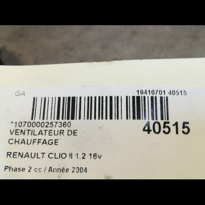 Ventilateur de chauffage occasion RENAULT CLIO II Phase 2 06-2001->07-2006 1.2 16v 7701057683 3