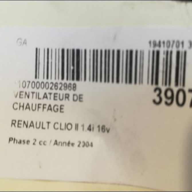 Ventilateur de chauffage occasion RENAULT CLIO II Phase 2 06-2001->07-2006 1.4i 16v 7701057683 3