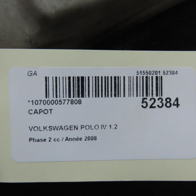 Capot occasion VOLKSWAGEN POLO IV Phase 2 05-2005->09-2009 1.2 60ch 6Q0823031J 4