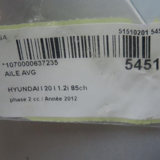 Aile avant gauche occasion HYUNDAI I 20 I phase 2 06-2012->03-2015 1.2i 85ch 663111J500 5