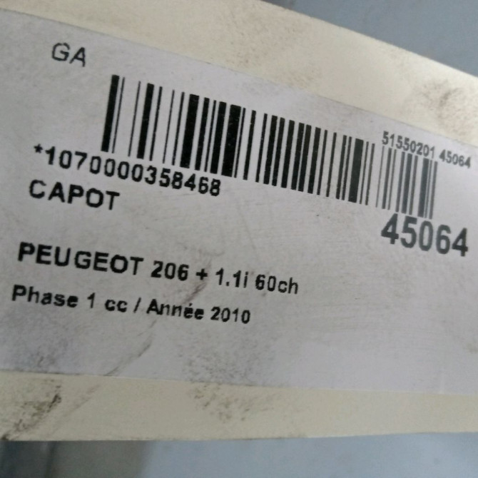 Capot occasion PEUGEOT 206 + Phase 1 03-2009->05-2013 1.1i 60ch 7901R5 3