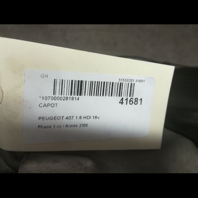Capot occasion PEUGEOT 407 Phase 1 04-2004->07-2008 1.6 HDI 16v 7901K7 3