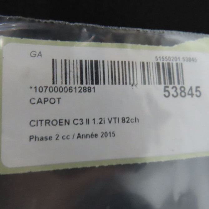 Capot occasion CITROEN C3 II Phase 2 03-2013->12-2016 1.2i VTI 82ch 7901R1 4