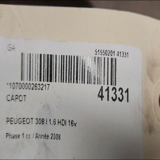 Capot occasion PEUGEOT 308 I Phase 1 09-2007->03-2011 1.6 HDI 16v 110ch 7901P6 2
