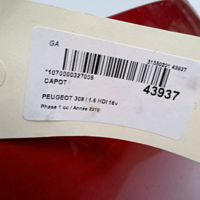 Capot occasion PEUGEOT 308 I Phase 1 09-2007->03-2011 1.6 HDI 16v 110ch 7901P6 3
