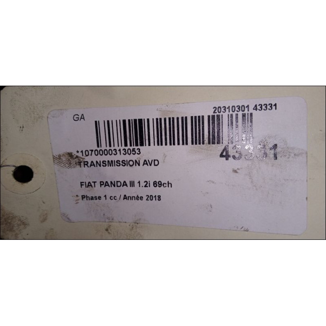 Transmission avant droite occasion FIAT PANDA III Phase 1 01-2012->... 1.2i 69ch 52126658 2