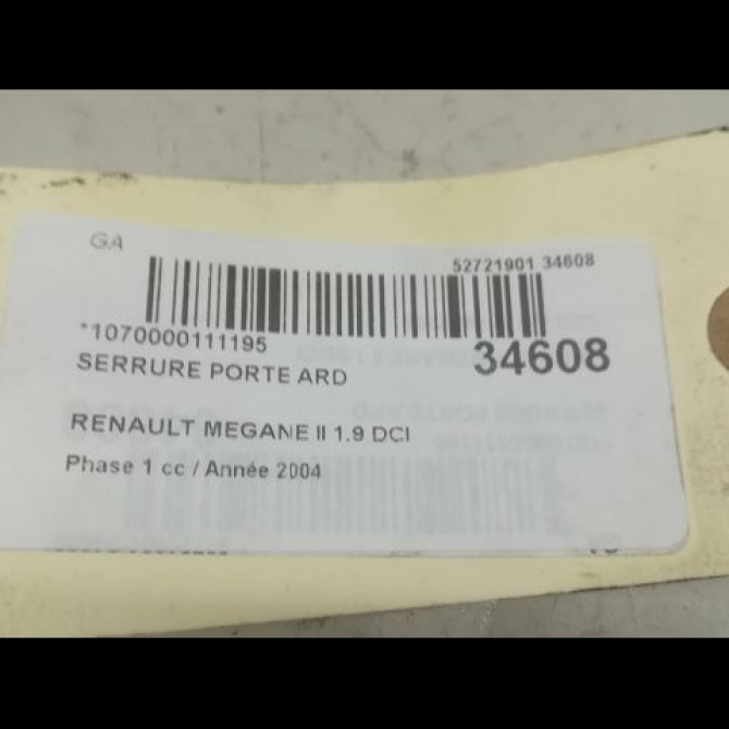 Serrure porte ard occasion RENAULT MEGANE II Phase 1 09-2003->12-2005 1.9 DCI 120ch 8200212467 5